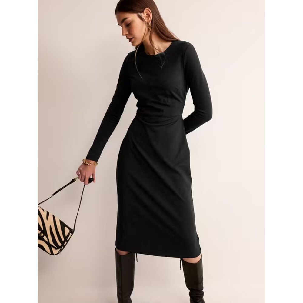 BODEN Nadia Ponte Jersey Long Sleeve Midi Dress - Black 10R